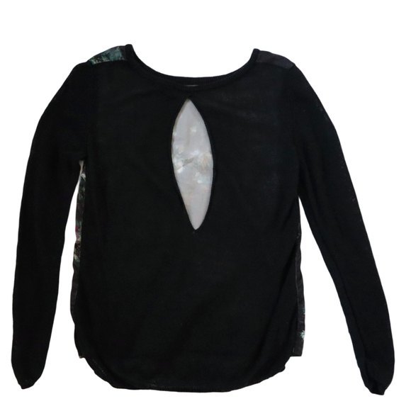 H & M Silky Floral Print Top Black Long Sleeve Mesh Back Keyhole Closure Size XS - Picture 2 of 11
